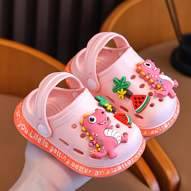 Kids' EVA Clogs with Cartoon Dinosaur Charms | Soft Sole Slip-On Sandals for Boys & Girls | Multi-Color Watermelon & Fruit Designs | Comfortable Indoor/Outdoor Footwear | Lightweight, Breathable Summer Shoes, Casual Children's Footwear | Cartoon Dinosaur Design | Comfortable Footwear
