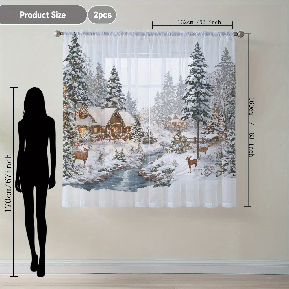 TEMU 2pcs Christmas Snow Scene Wooden House Reindeer Winter Cozy Country Style Printed Home Decoration Sheer Curtains, Flowing Window Drapes Suitable