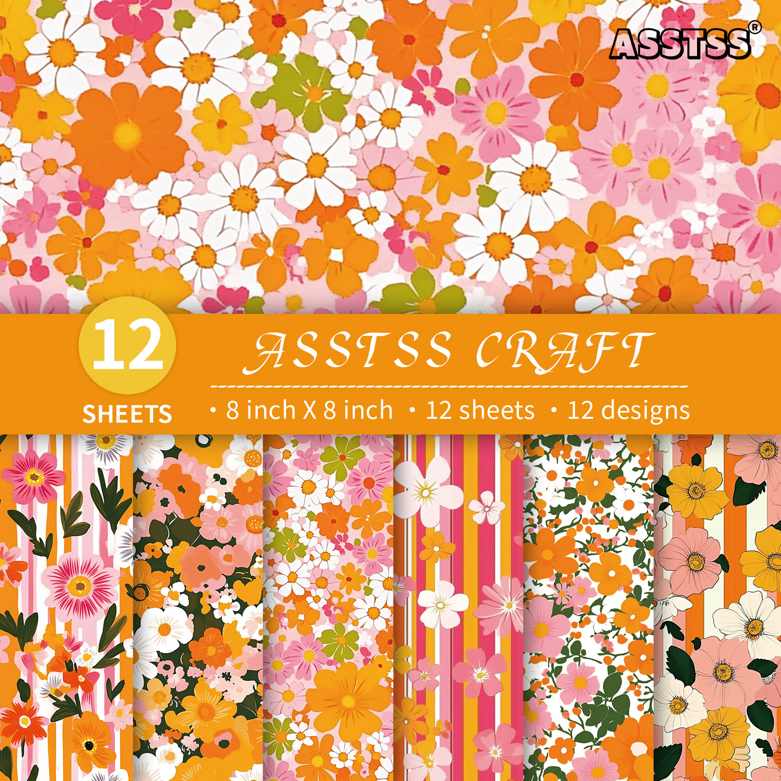 TEMU A Vibrant Floral-themed 8x8-inch Scrapbooking Paper Pad With 12 Sheets, Journaling, Collage Art, Greeting Cards, And Various Crafts