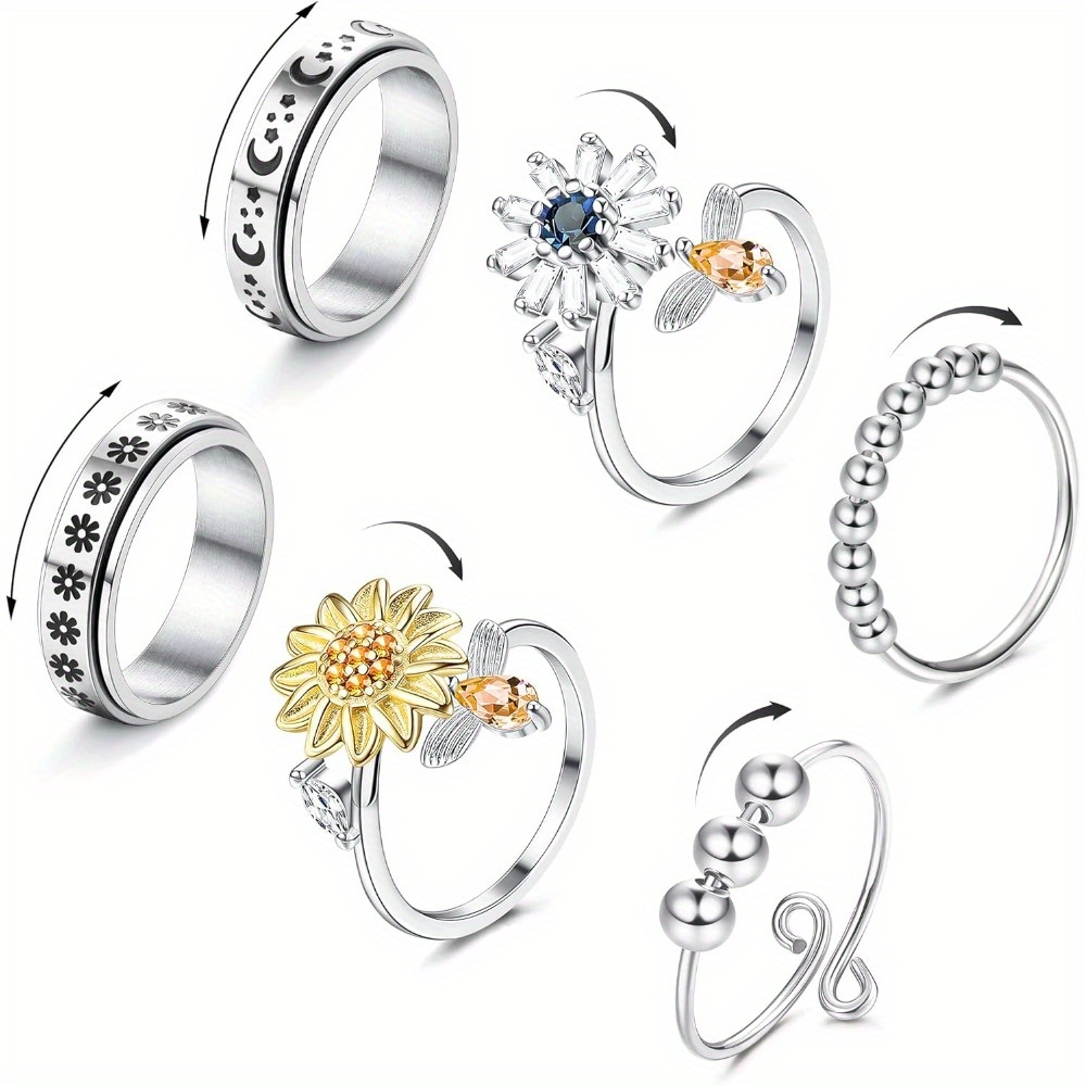 6pcs Fidget Rings For Spinner Ring For Mens Moon Star Anti Ring For Adjustable Flower Bead Stackable Rings, For Teenager