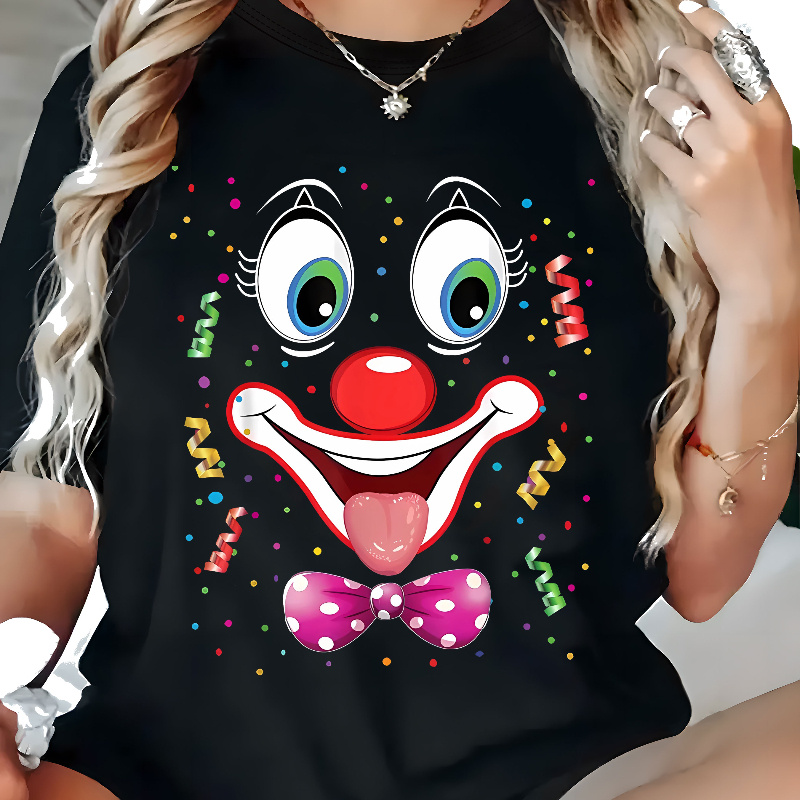 

Women's Plus Size Casual T-shirt With Geometric Clown Print, Polyester Knit Fabric, Short Sleeve Crew Neck, Stretch, Oversized Pullover Top For All