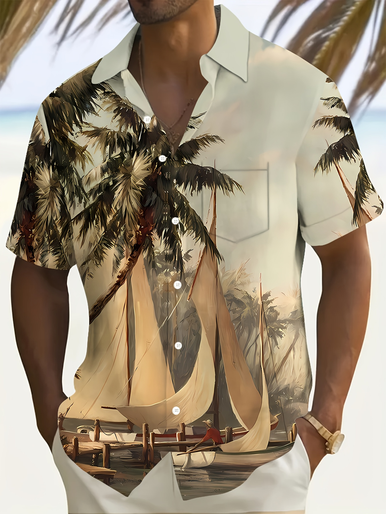 mens tropical style palm tree 3d printed short sleeve shirt casual summer button design   block pattern machine washable lightweight fabric suitable for outdoor and beach wear non stretch material beach t shirt