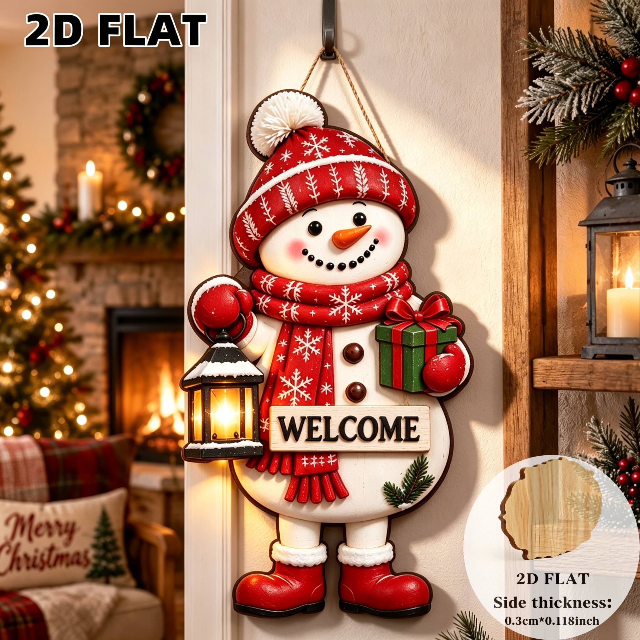 TEMU Ornement de suspendu en bois 1 pièce, de neige de Noël plat 2D de style vintage, avec un adorable de neige au et une écharpe à rayures rouges et