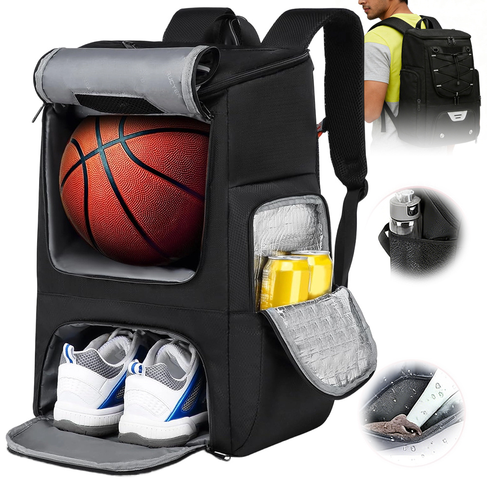 Black 45l Backpack With Multiple Compartments Hanging Hook, Basketball Bag With Separate Ball Holder And Shoes Compartment, Fit Volleyball, Soccer, Swim, Gym, Travel