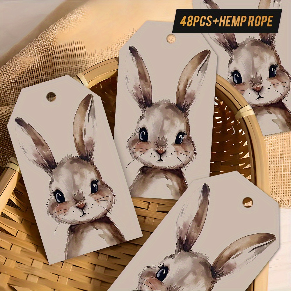 Image of 48pcs Watercolor Bunny Face Tags With Hemp Rope - Gentle Style, Mixed Colors, Wrapping, Bookmarks, And Souvenirs, And Who Delicate Art, Bunny Additions