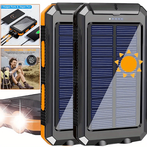 20000mah portable solar power bank portable solar mobile phone charger camping external battery charger for mobile phones 2 usb led flashlights with compass for outdoor activities