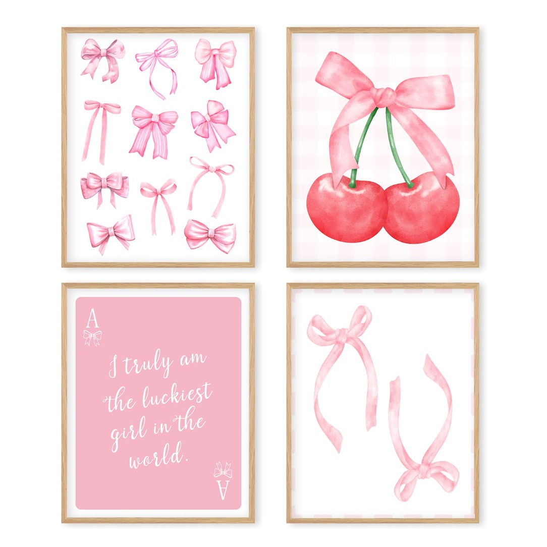 TEMU 2d Flat, 4pcs Preppy Pink Coquette Bow Wall Art Posters - Suitable For Room Decor, Bow-themed Bedroom Decorations, Pink Bow Posters For Room,,