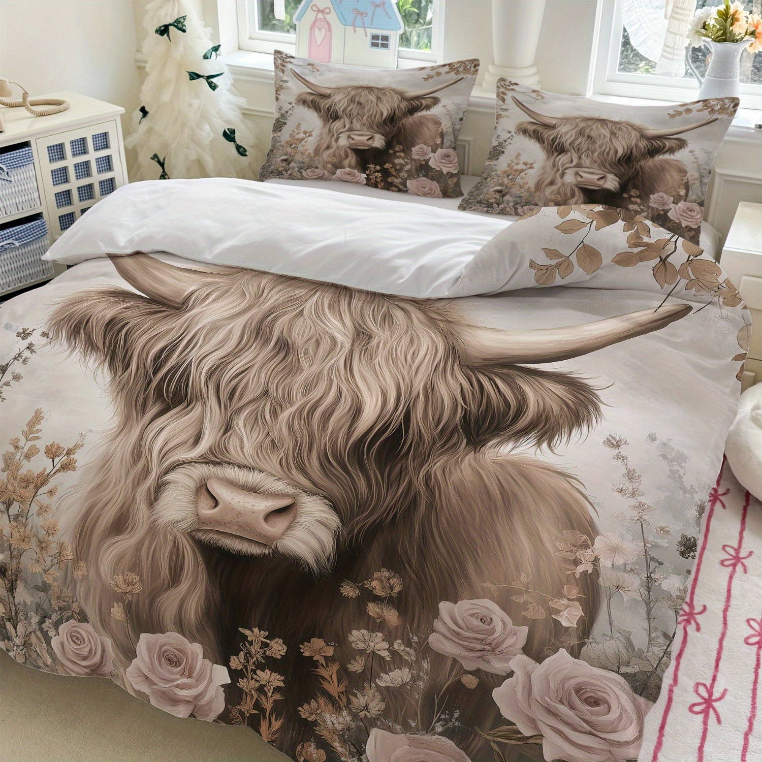 TEMU 3pcs Highland Cow Print Bedding Set - Brown + Floral Pattern (1duvet Cover + 2pillowcase. Without Core) - Ideal For Bedroom Decor, , Farmhouse