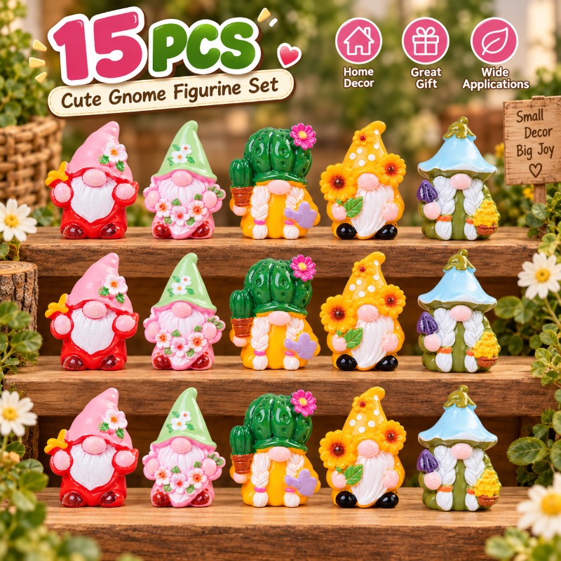 TEMU Ensemble de 15 mini figurines de gnomes, miniatures de gnomes en résine colorées et mignonnes avec de fleurs, de cactus et de , ajouts de jardin