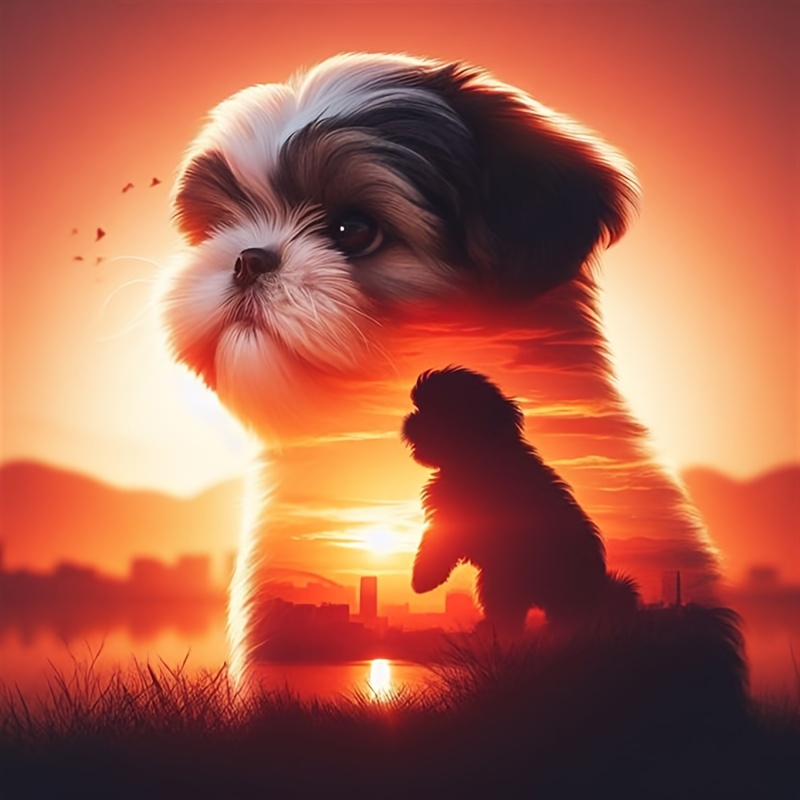 

5d Diy Diamond Painting Kit, Animal Theme Shih Tzu Sunset Mosaic Art, Round Acrylic Diamond Embroidery Stitch, Size 15.75x15.75 Inches, Attached Wall Decorative Crafts