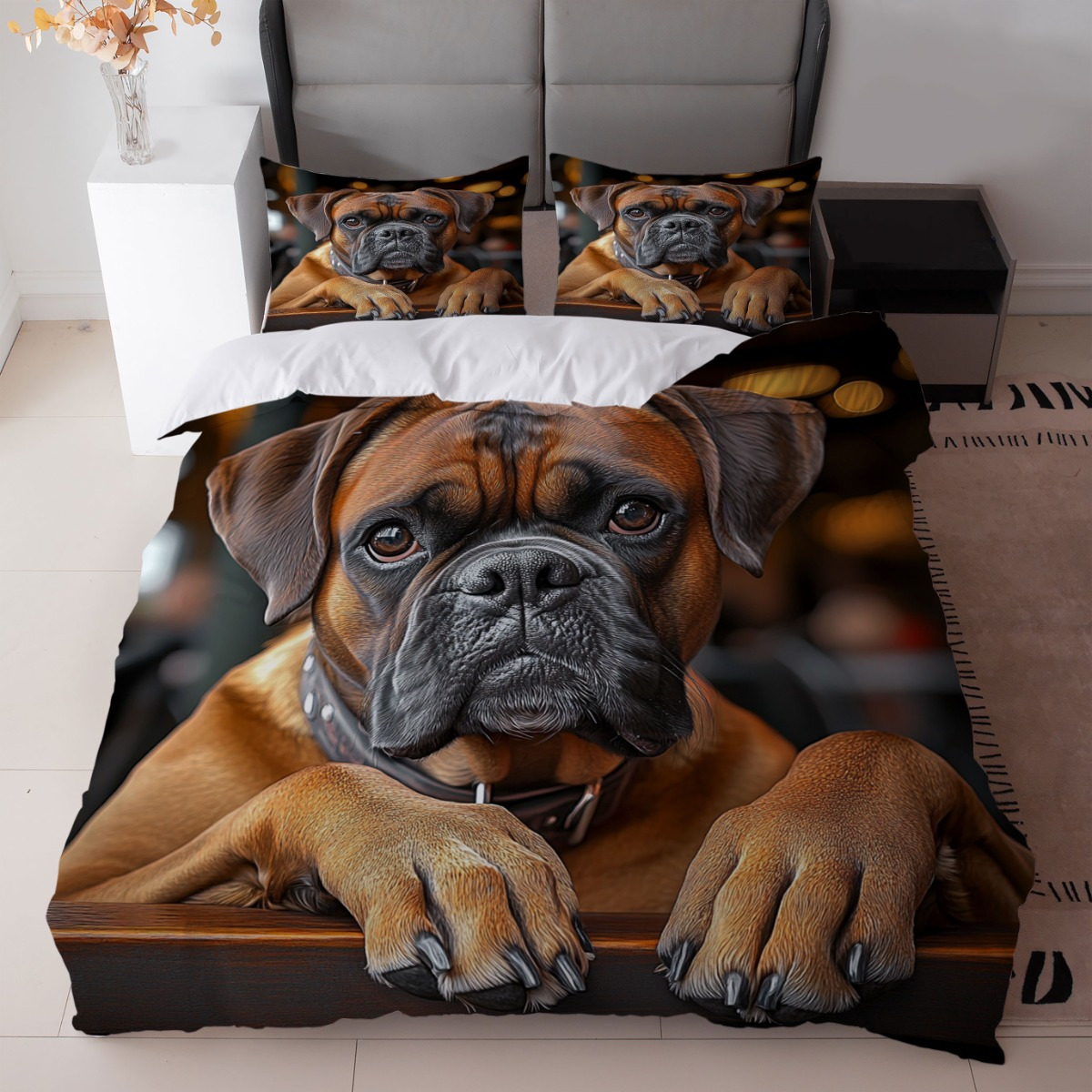TEMU Set Of 3 Boxer Dog Print Bedding, Featuring A Black And Brown Duvet Cover Along With 2 Pillowcases (1 Duvet Cover   2 Pillowcases, Core Not