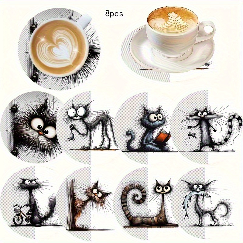 TEMU 8pcs Cartoon Cat Coasters Set - Cute Couple Cats Design, Heat-resistant Pads For Home, Cafes, Afternoon Tea, Room Decor, Themed Parties,