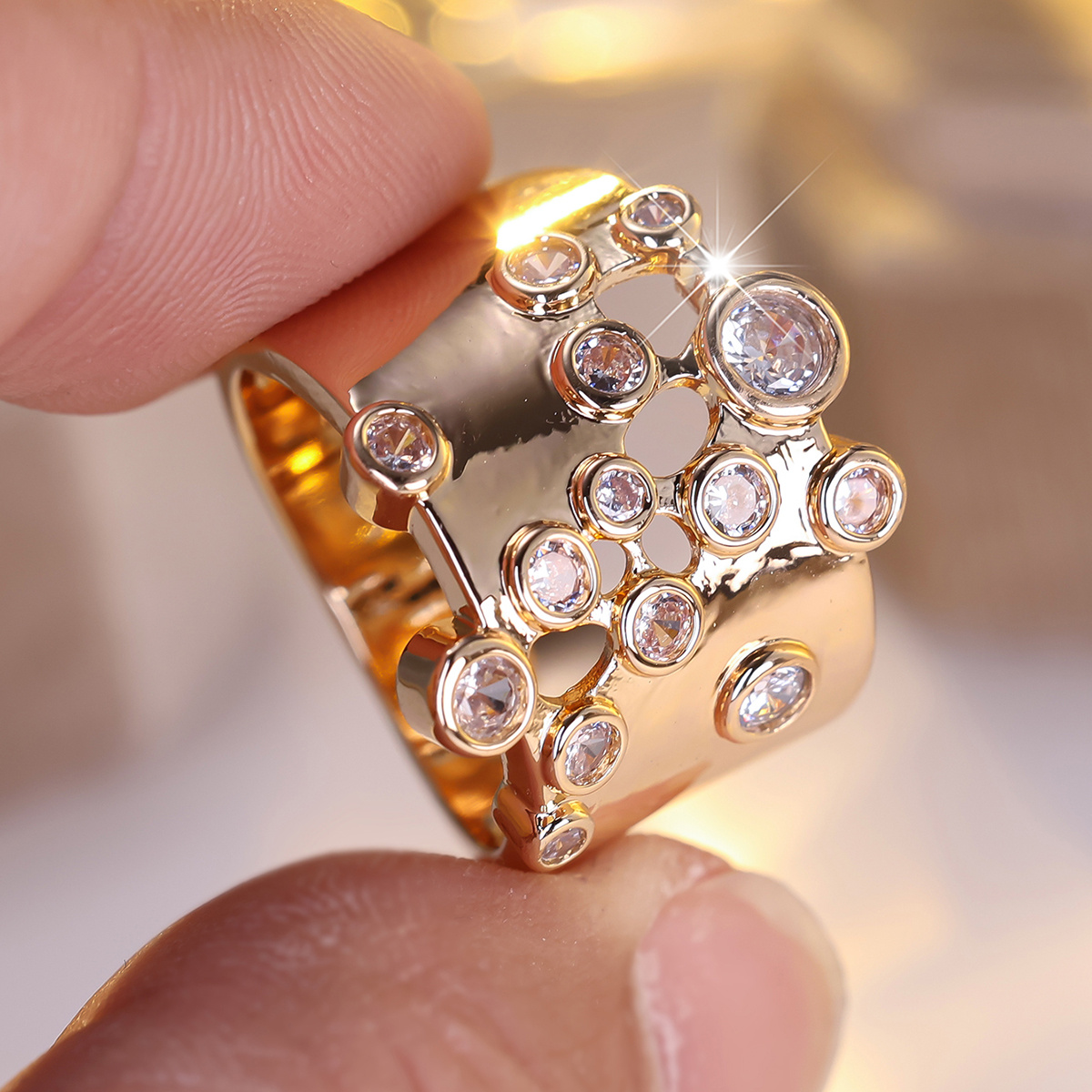 Personalized Geometric Ring Inlaid with White Synthetic Zircon