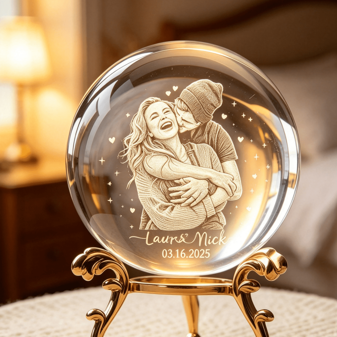 TEMU Custom Couple Inner Carved Crystal Ball Ornament, With Exquisite Metal Stand, Can Engrave Couple Photo Inside Transparent Crystal Ball. Romantic