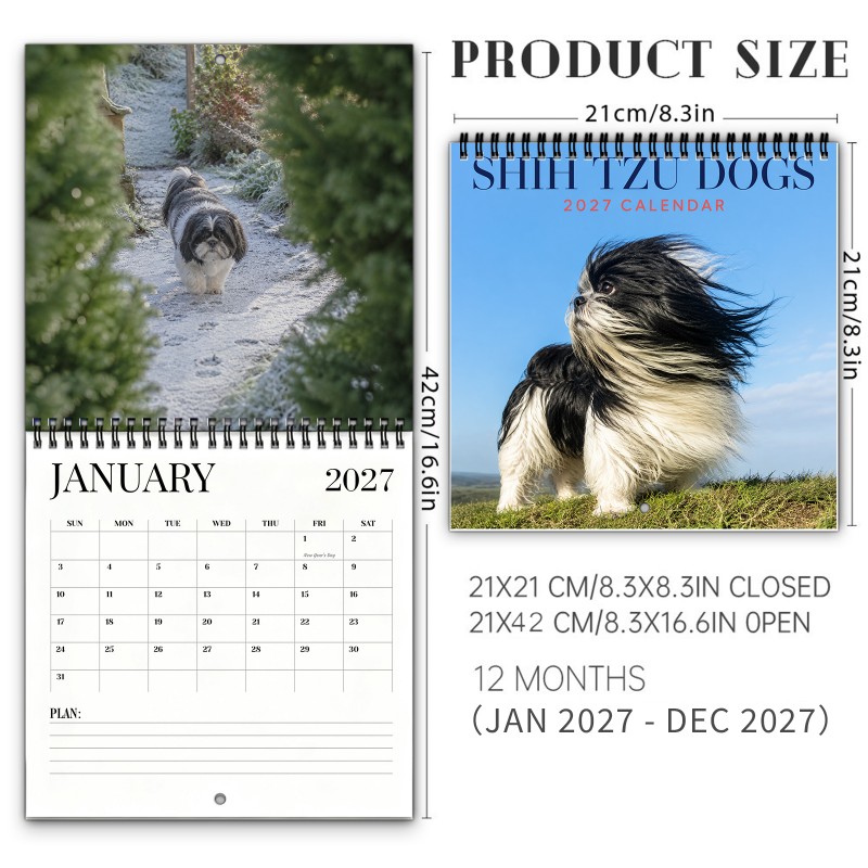 TEMU 2027 Shih Tzu Dog Calendar - Spiral-bound 12-month Wall Planner With Thick Paper Suitable For Organizer, Thick Pages & Marked Holidays, To