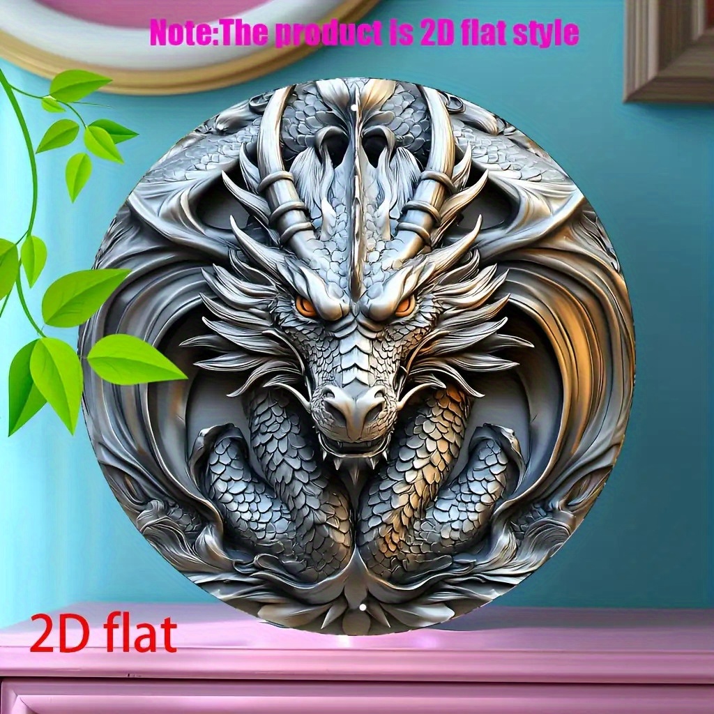 TEMU 2d Flat, Vintage Dragon Metal Wall Decor - Heavy-detailed Gray-scale Art With Rounded Edge - Waterproof Indoor/outdoor Decoration For Home, Bar,