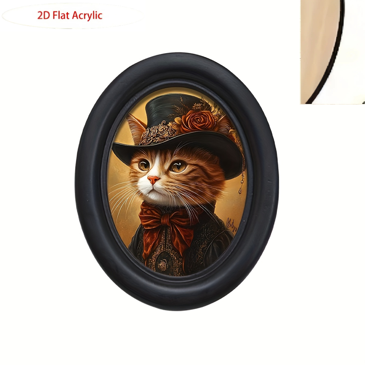 TEMU Peinture de chat 2D plate de style gothique victorien - Chapeau à fleurs noir et nœud rouge, décoration murale en bois, convient et , parfait