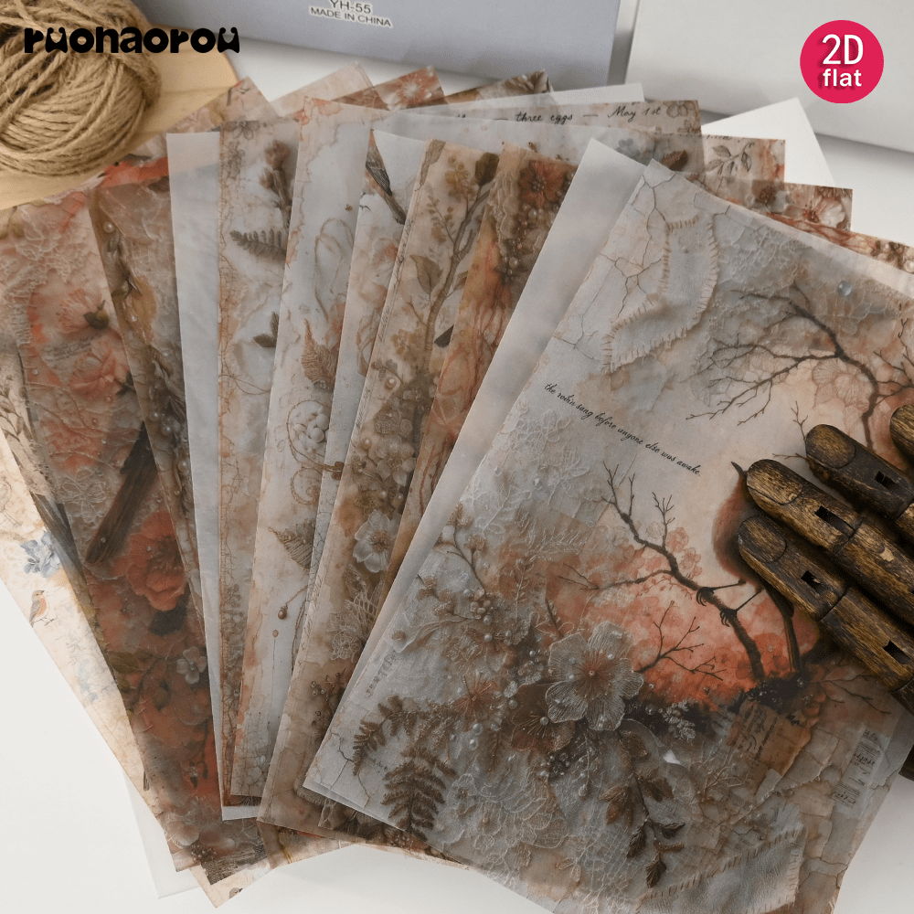 TEMU Marque Ruonaorou 12pcs Papier sulfaté semi-transparent de qualité supérieure, papier pour album, papier décoratif, série Printemps Nid de robin,