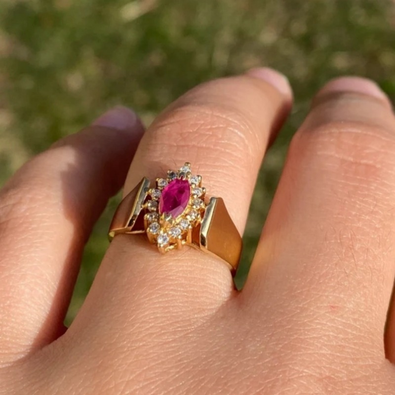 Retro Plated Wedding Ring with Red & White Cubic Zirconia