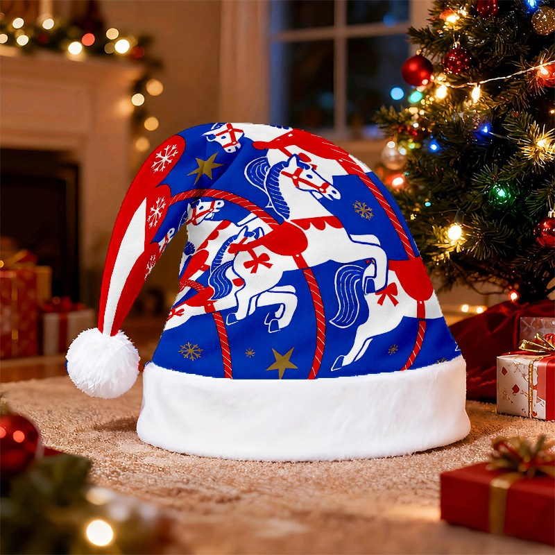 carousel themed christmas hat with print red and blue color scheme accented with   festive celebration   suitable for christmas parties family   and winter celebrations ideal for party decorations and holiday