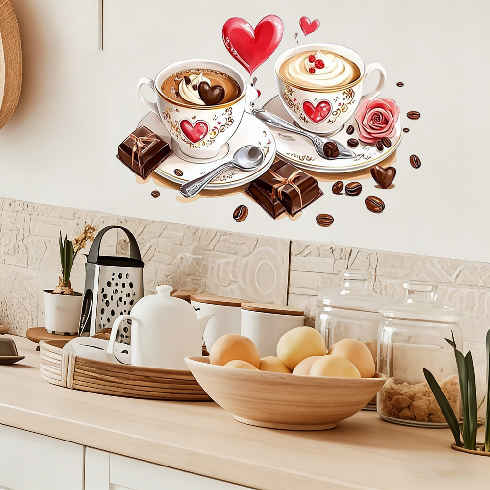 1pc Two-cup Coffee Pattern Wall Sticker Decoration, Suitable For Walls, Windows, Glass, Cabinets, Home Decoration And