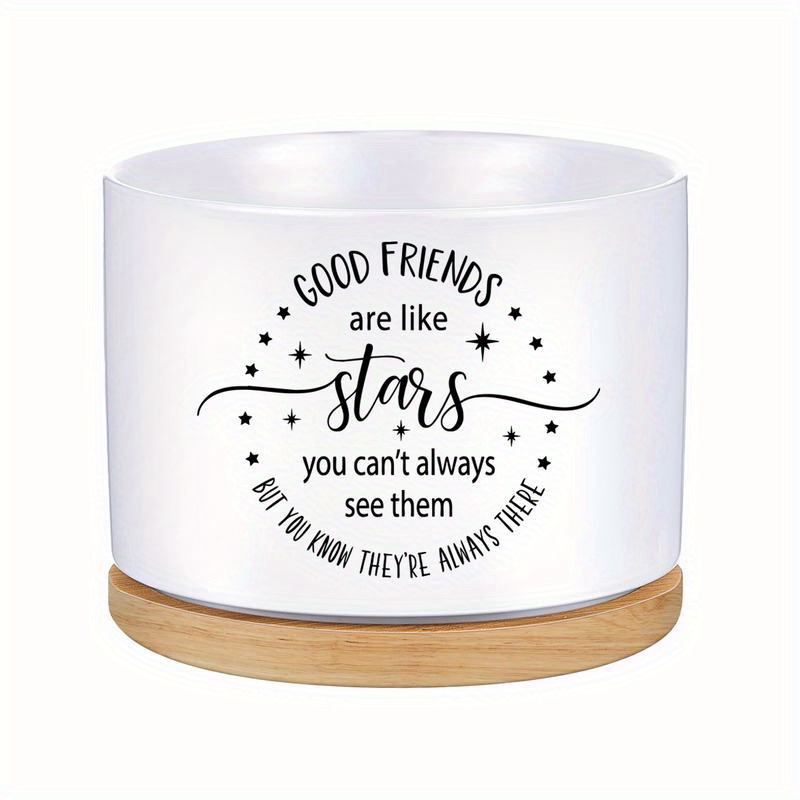 TEMU 1pc, Ceramic Flower Pot With Bamboo Tray (3.6''x2.6''), Succulent Plant Pot, " Are Like Stars You " Quote, Unique Friendship Gift, Birthdays,