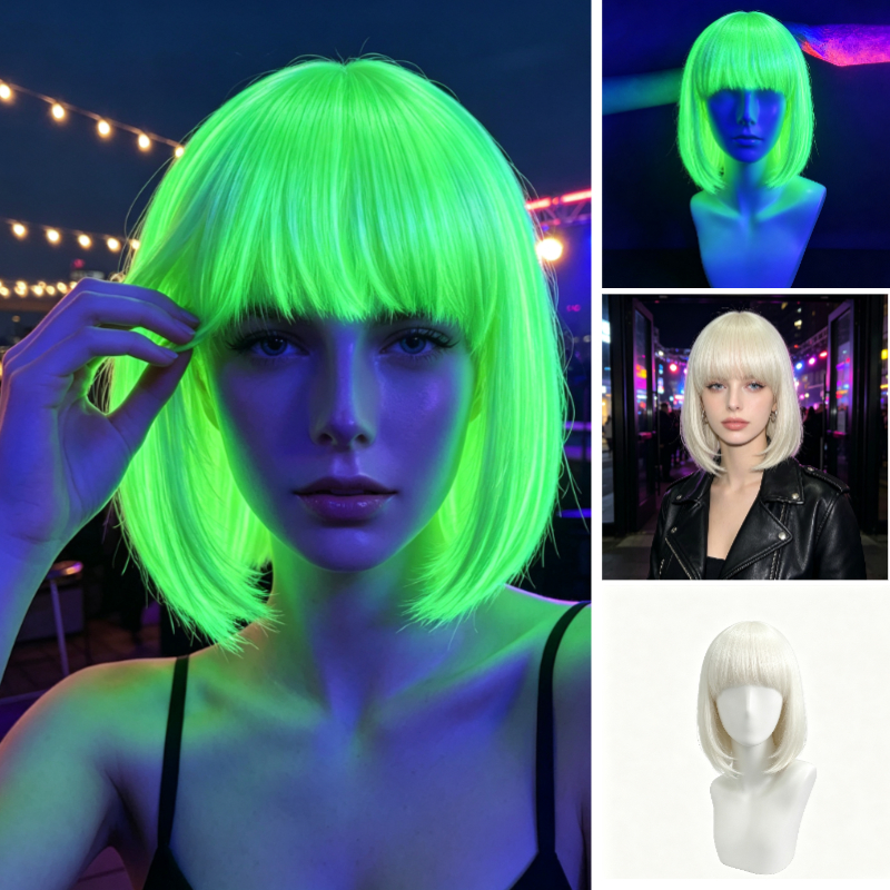 TEMU Aoife Y2k Women's Glow Wig Suitable For Halloween, Reactive Fluorescent Green Hair With Bangs, Bob Cut Synthetic Fiber Wig For Edm Parties,