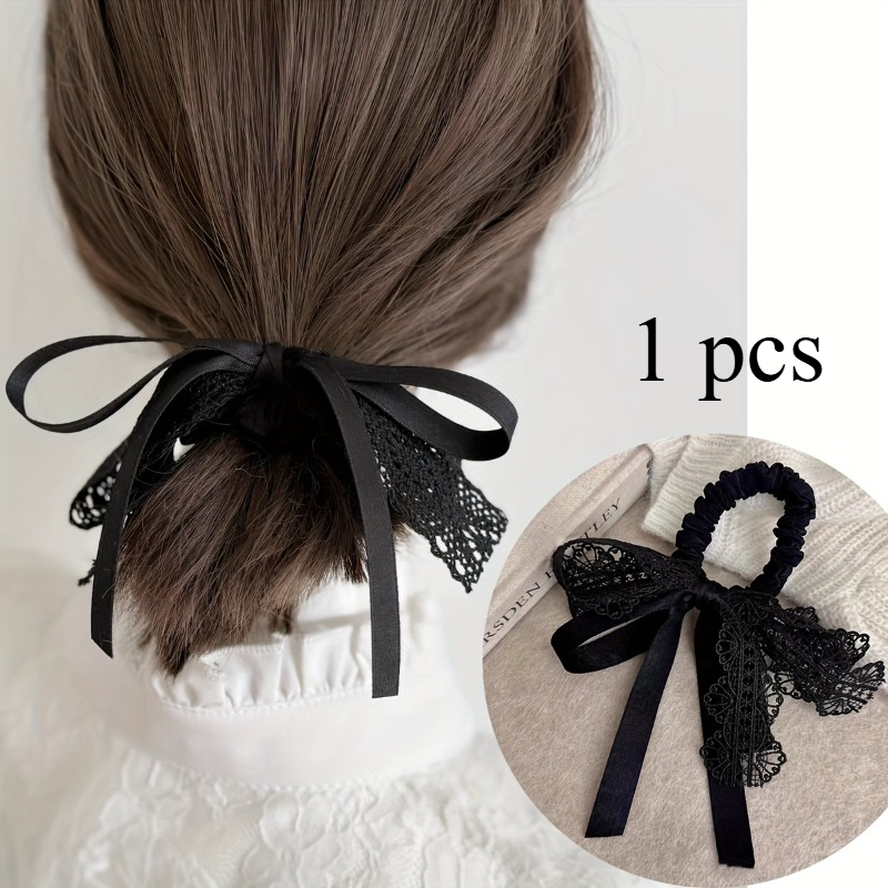 E-shop 1 Schwarzes Spitzenband Schleife Haargummi, Schleife Haaraccessoire, Retro Schwarzes Spitzen Haargummi, Geeignet zum Haare binden, Erhältlich in