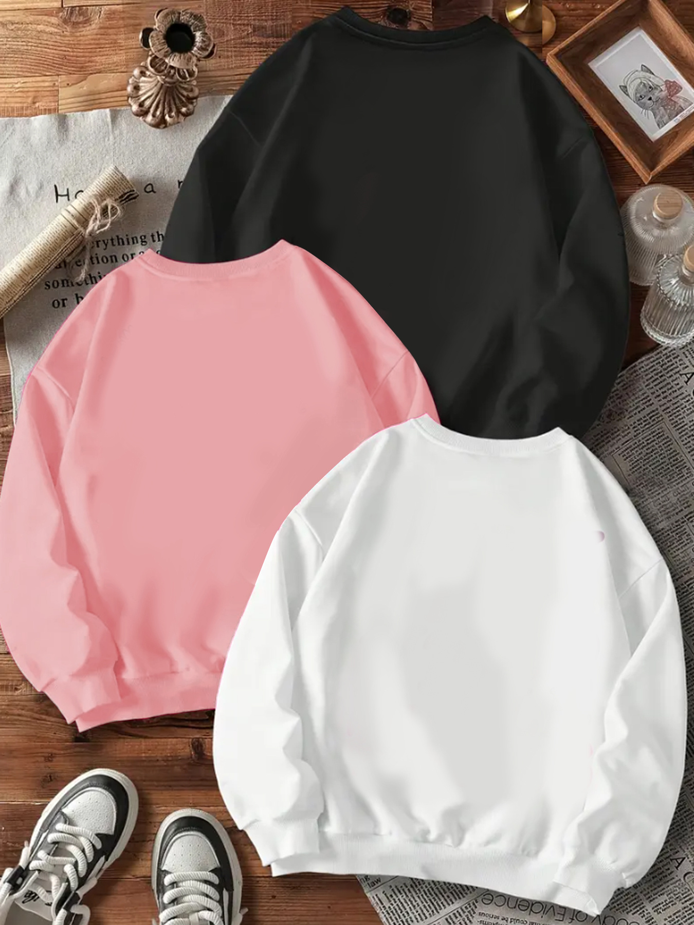 3-delige set glanzende imitatie diamantprint sweatshirts voor meisjes