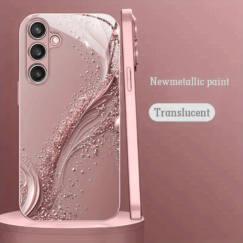 TEMU Phone Case: Pink Diamond Pattern Pink Metallic Paint Tempered Glass Phone Case. Suitable For Galaxy