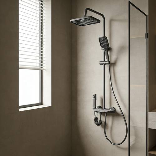 shower system featuring a thermostat and booster pump technology of a 4 function and handheld shower high pressure water saving faucet set for the bathroom wall mounted mixer tap designed to prevent scalding for shower us