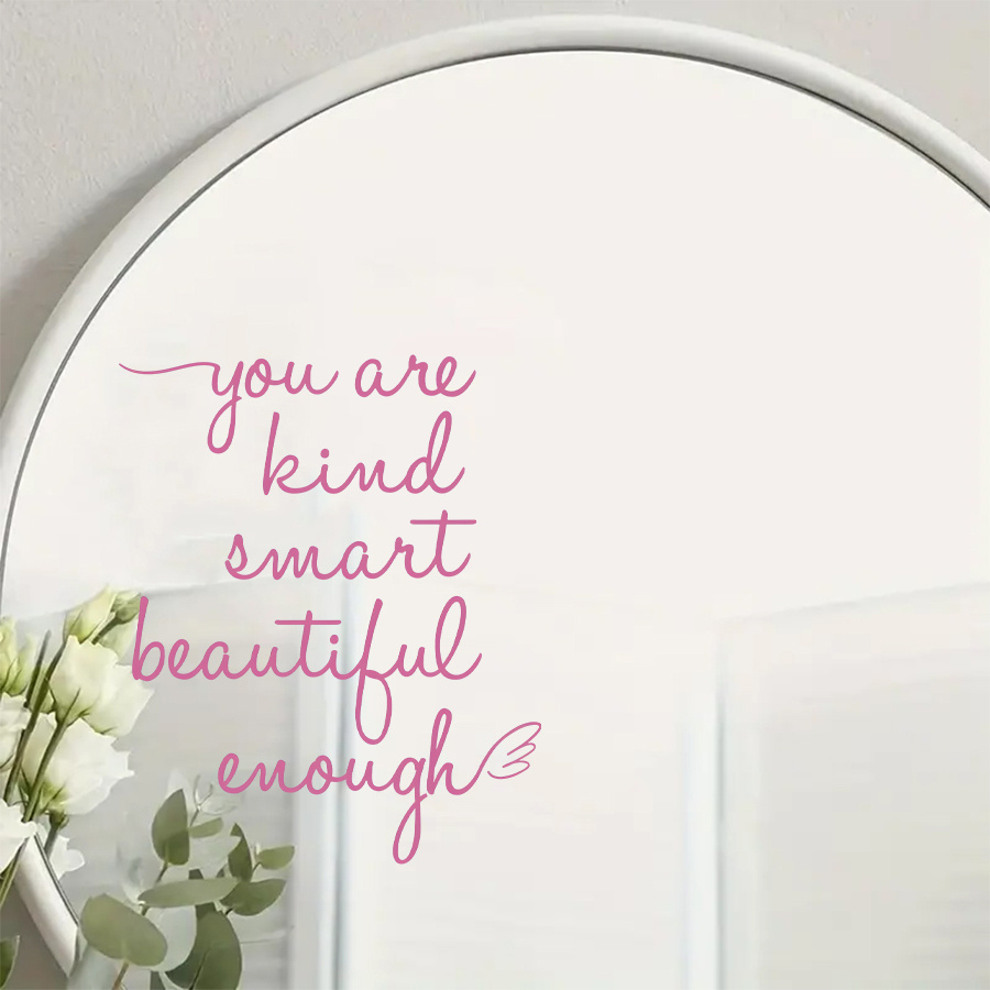 TEMU 2d Flat, 1pc 2d Flat Inspirational Quote Mirror Sticker | "you Are Gentle, Smart, And Beautiful Enough" Pink Handwritten , Self-adhesive