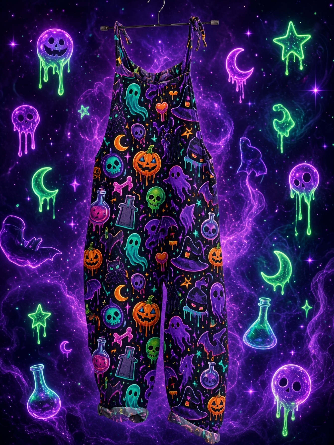 holiday themed womens neon glow in the dark all   adjustable jumpsuit with pockets   halloween party outfits machine washable spring summer autumn clothing elegant pumpkin skull jumpsuit