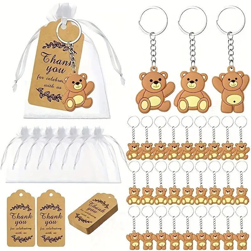 

60pcs Animal Theme Party Favor Set With Bear Keychains, Thank You Cards & White Organza Bags - Pvc Material, Birthday Parties And Baptism Gifts