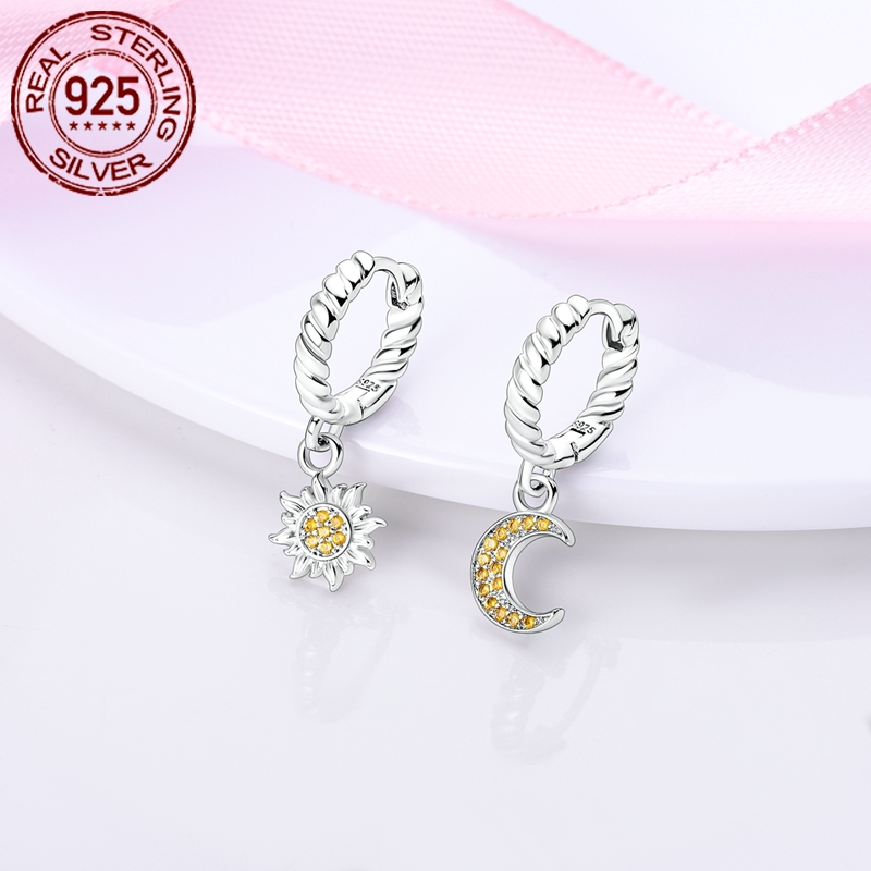 Women's 925 Silver Sun and Moon Stud Earrings, Elegant Gift