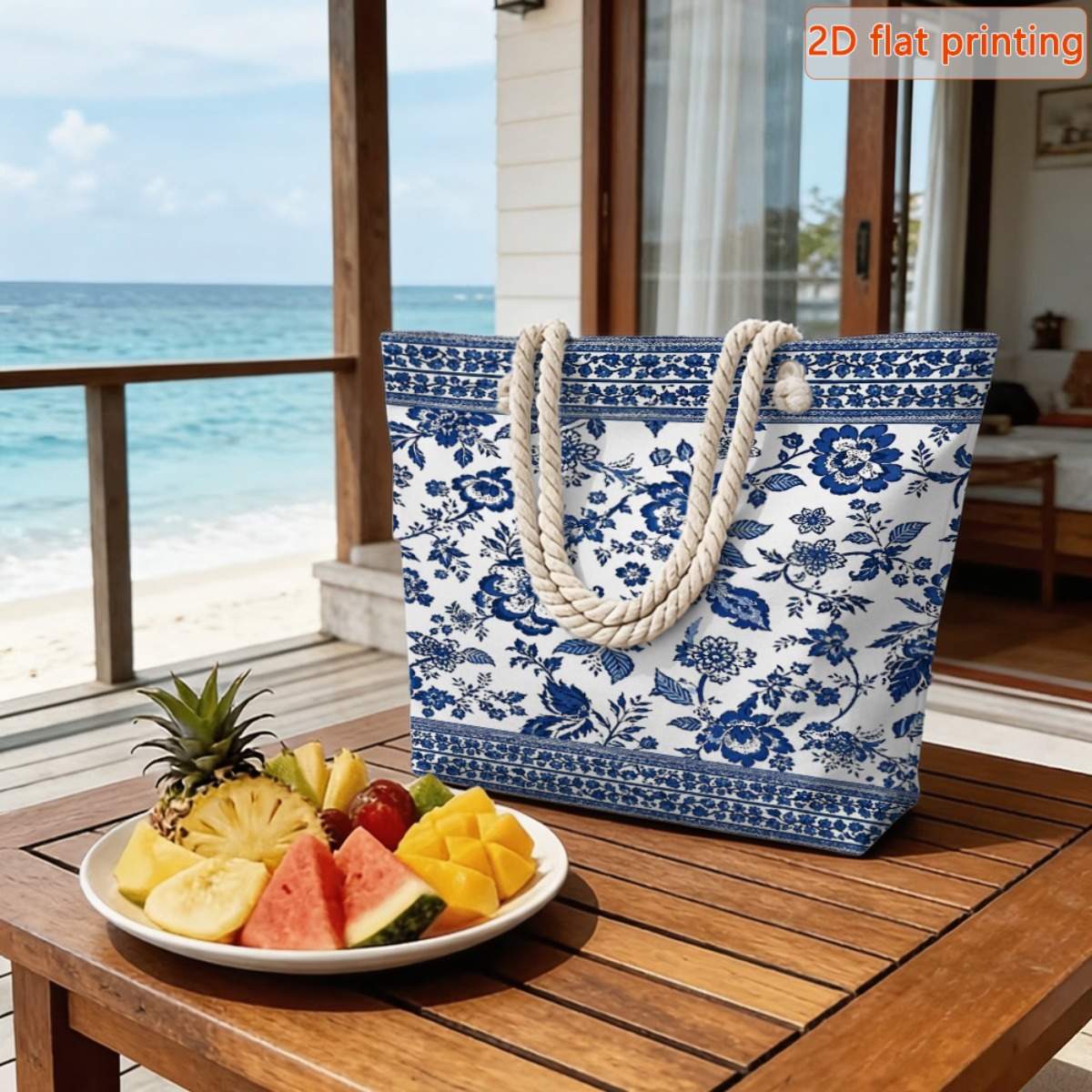 TEMU 1pc Women's Large Capacity Vintage Porcelain Tote Bag - Adjustable & Detachable Strap, Zipper Closure Beach Bag Suitable For Travel, Shopping,