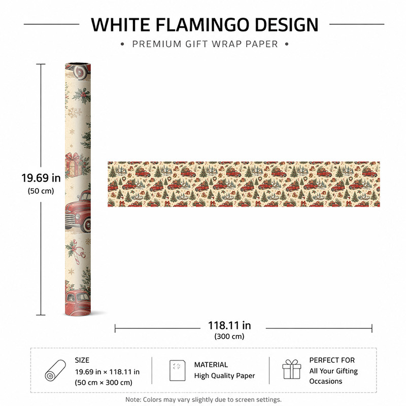 TEMU Papier Cadeau Noël Élégant 2D Plat, 1 Rouleau 50X300Cm (19.7X118.1In), Papier d'Emballage Cadeau de Fêtes pour Fête d'Hiver avec Camions Rouges