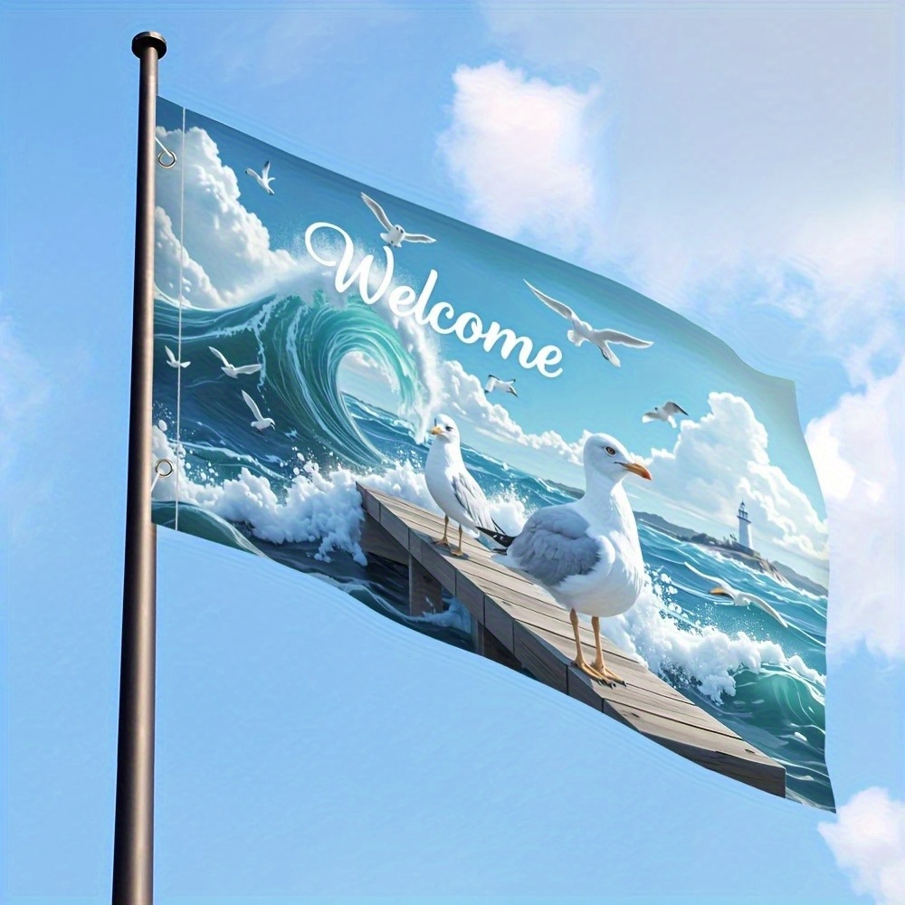 E-shop 2D Flach, 2D Druck Gartenflagge 1 Stück Küsten-Willkommensflagge - Doppelseitiges Willkommensschild mit Möwen, Enten, Meereswellen -