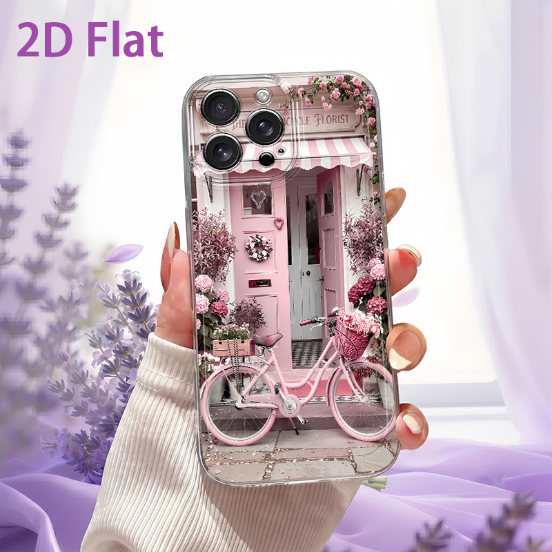 TEMU Phone Case - 2d Flat Flower Shop Bicycle Pattern Phone Case Suitable For Iphone 17 16 15 14 13 12 11 Pro Xs Xr Xsmax 7 8 6 6s Plus 16e 17e