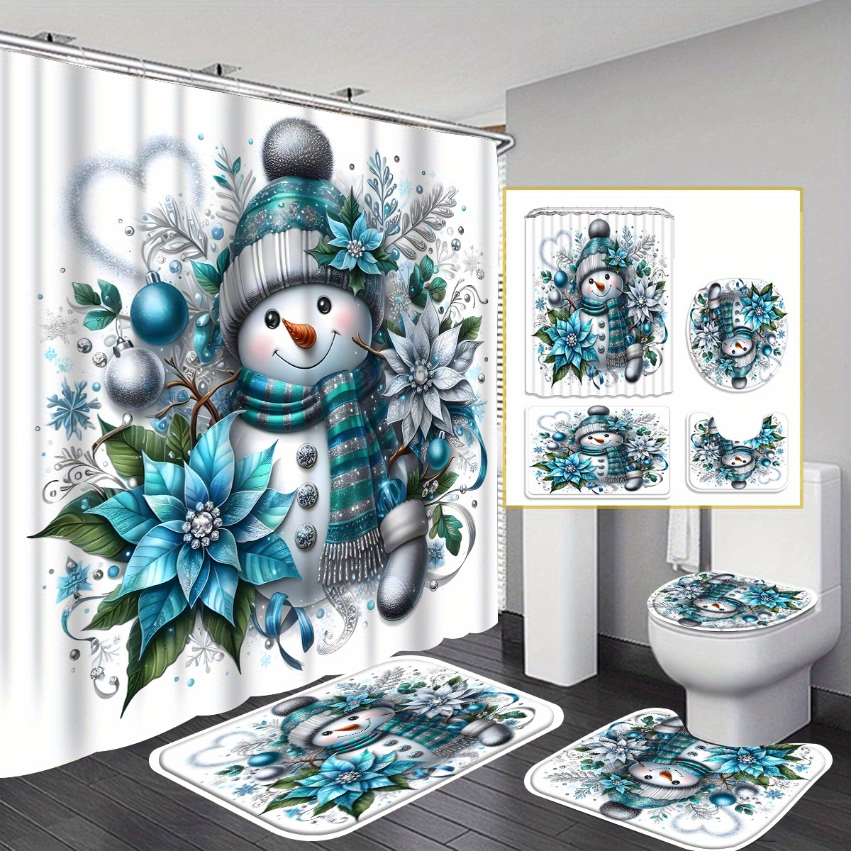 

4pcs Christmas Snowman Curtain Shower Curtain Decoration, Housewarming Décor, Shower Curtain And Mat 3 Set 12 Shower Curtain