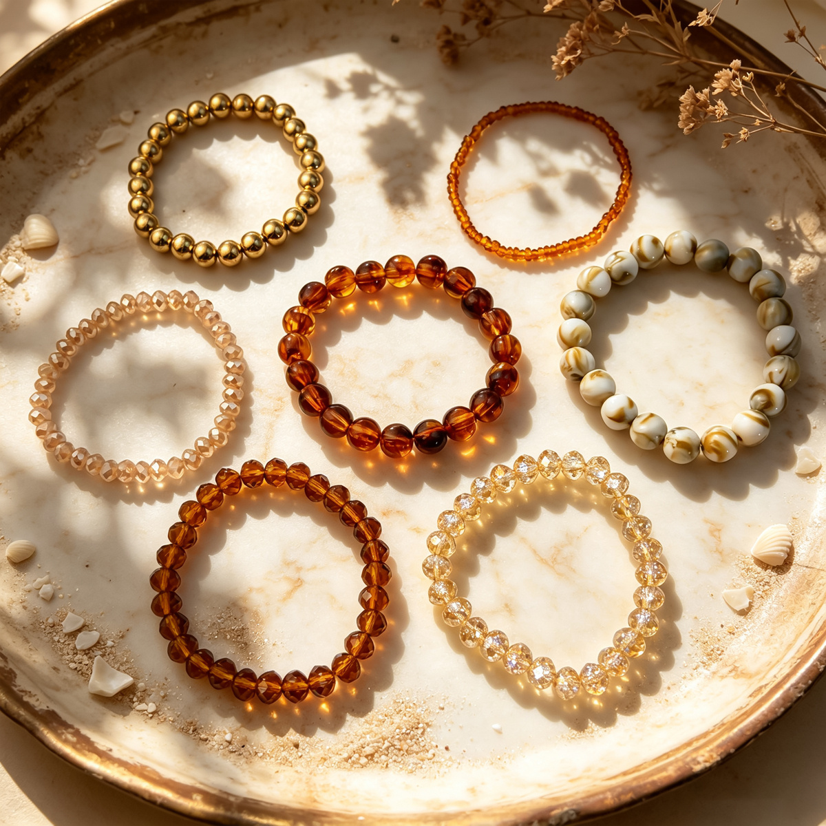 7pc Retro Caramel Color Beaded Bracelet Set
