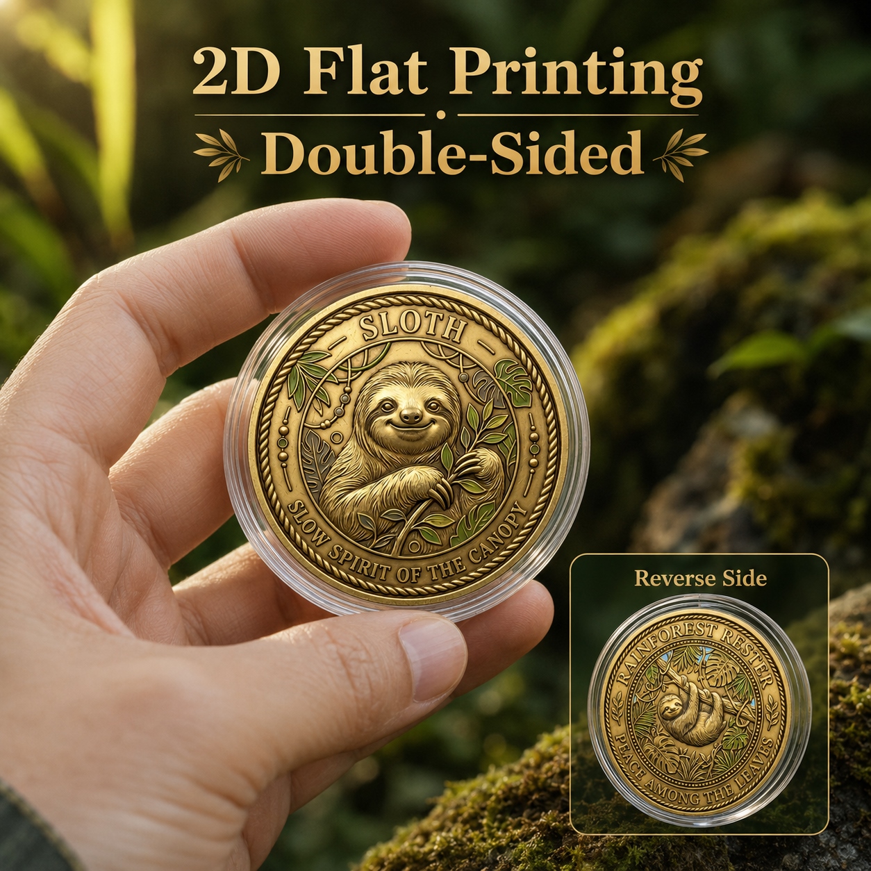 TEMU Replica Coin 1pc, 2d Flat Printing, Sloth Commemorative Coin, Double-sided Slow Keepsake Coin, Warm Brass-tone Sloth Forest Branch Pocket Token,