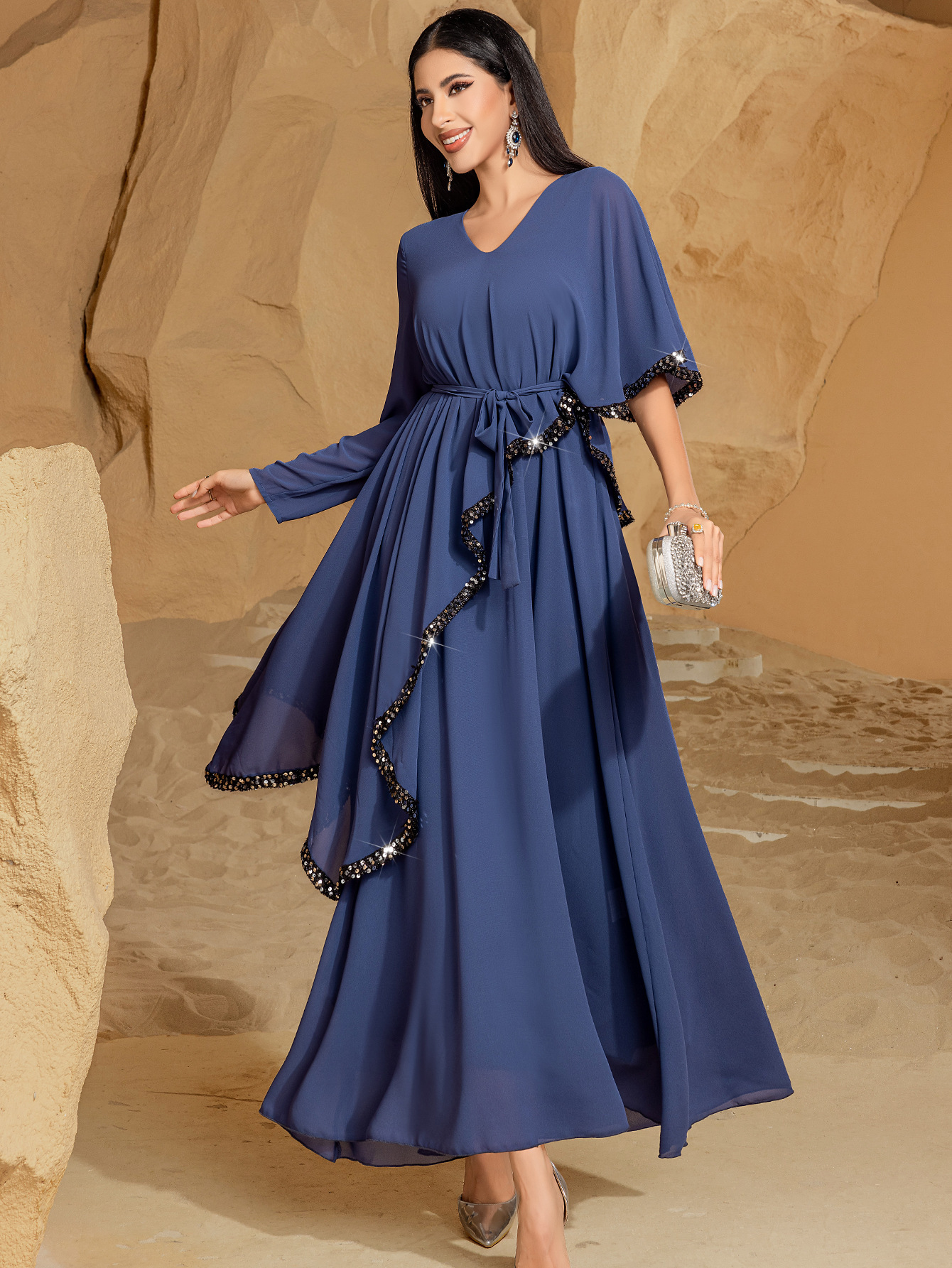 elegant navy blue chiffon maxi dress sequin detailing loose - Temu