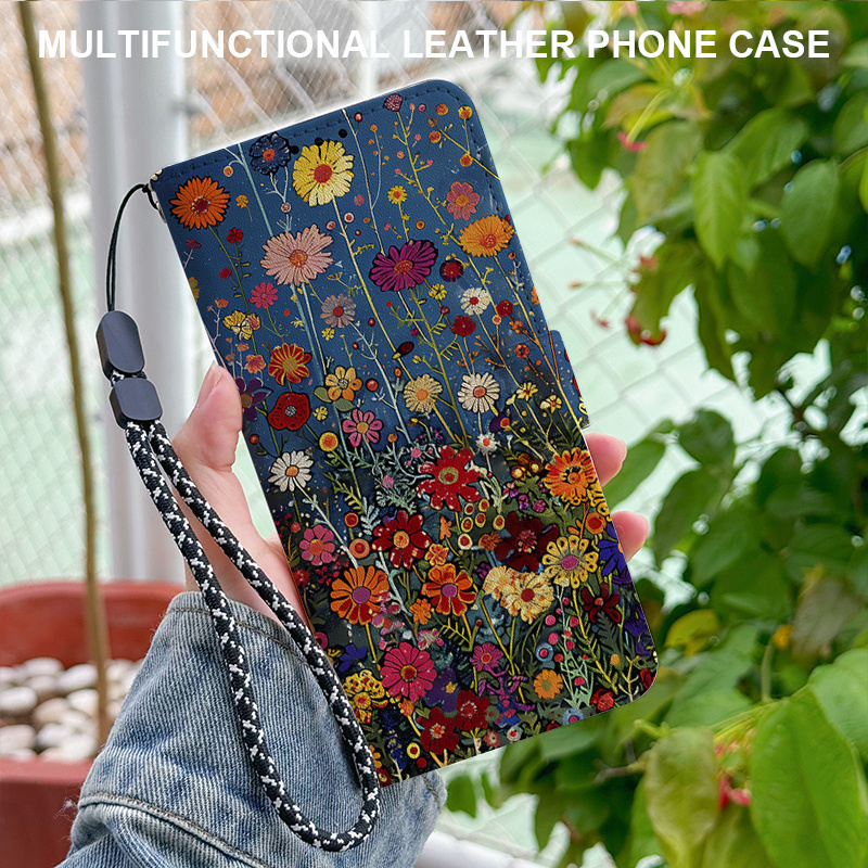 TEMU Phone Case: Wallet Phone Case With Flip Cover, Foldable Design, Card Slots, Magnetic Closure, And Detachable Lanyard, Beautiful Floral Pattern,