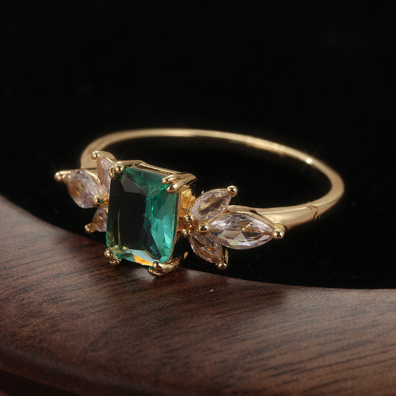 Emerald Leaf CZ Ring Geometric Nature Inspired Boho Wedding Jewelry