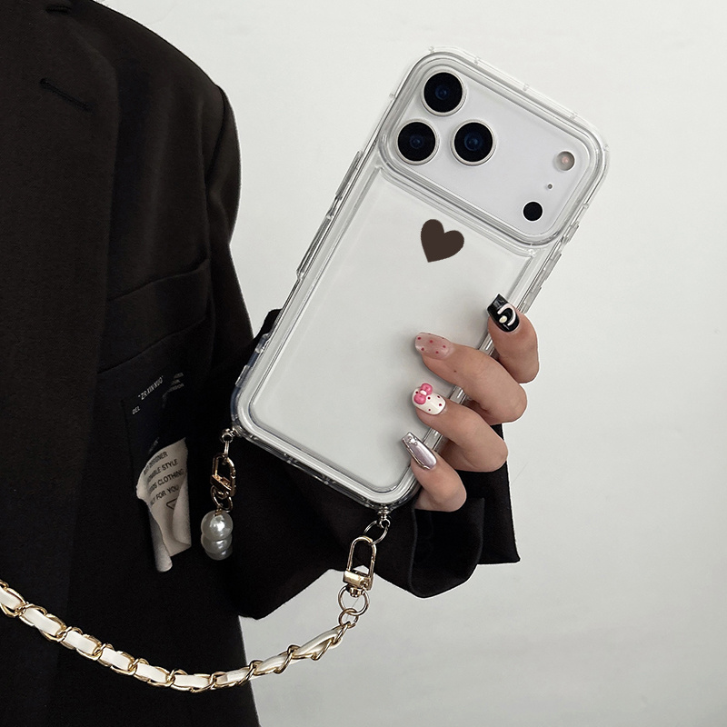 TEMU Phone Case: A High-end Phone Case With A Faux Leather Pearl Long Lanyard Which Worn Crossbody Or Around The Printed With Black Heart Pattern
