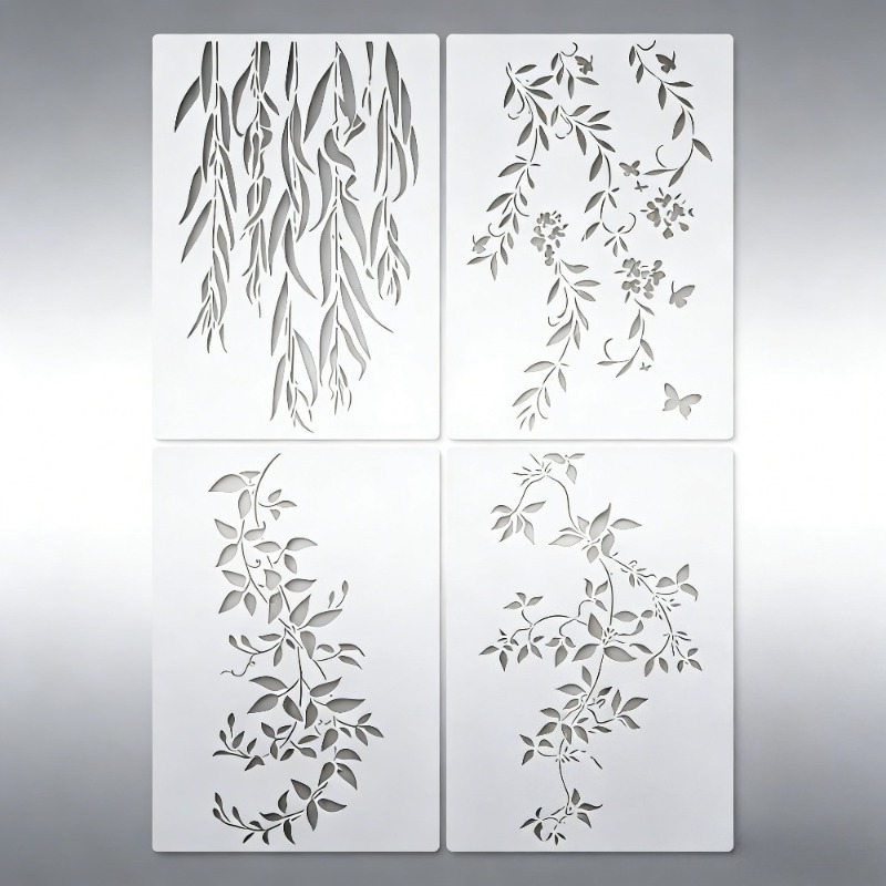 TEMU 4er-Pack Frühlings-Kunst- und Bastel-Natur-Muster - Wiederverwendbare PET-Schablonen mit Weidenblättern, Ranken, Schmetterlingen und Zweigen -