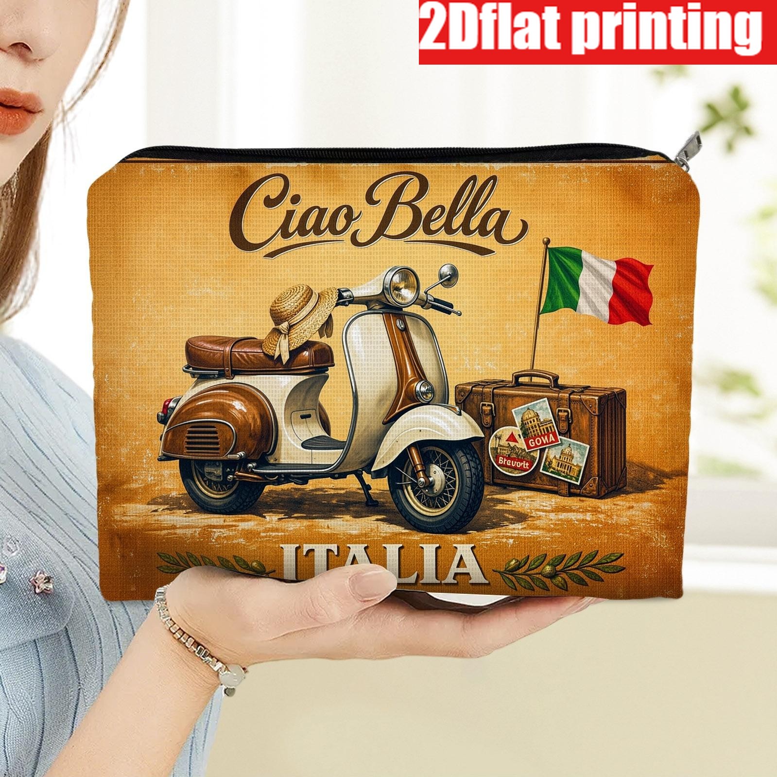 TEMU 1pc, 2d Flat, Material Makeup Bag, Retro Italian Travel Print Makeup Bag, Double-sided Cosmetic Pouch, Featuring Bella Scooter Italia Pattern,