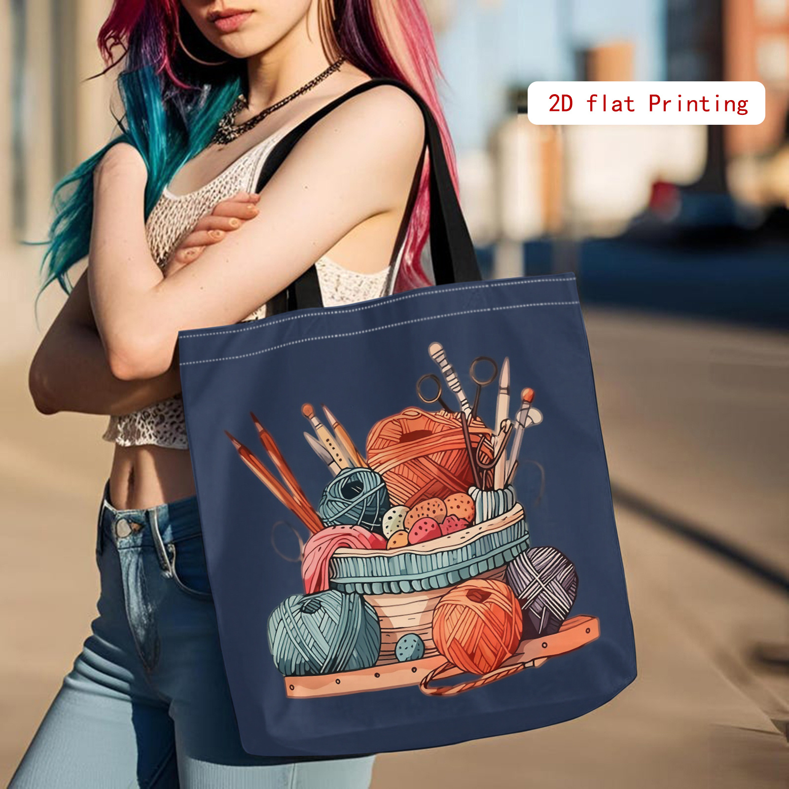 creative handicrafts colorful yarn storage large capacity shoulder bag printed handbag and fashionable womens tote bag suitable for knitting shopping family   and craft activities