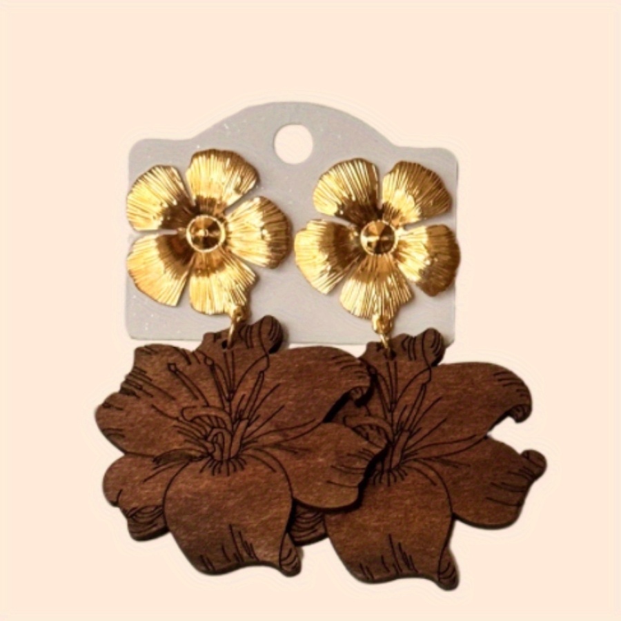 TEMU 1 Pair Of Bohemian Ethnic Sexy Flower Floral Hollow Shape Wooden Earrings For Daily Wear Music Festival Wear - A Great Gift For